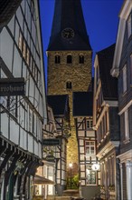 The old town of Hattingen, half-timbered houses, gastronomy in the street Kirchplatz, Protestant