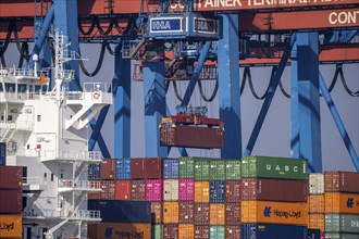 Container Terminal Altenwerder, Hapag-Lloyd container ship Frankfurt Express during loading and