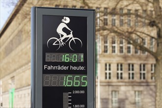 Column with digital counter for passing cyclists, bicycle-friendly city, bicycle mobility,