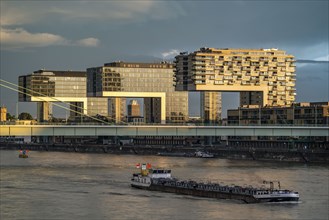 Severin Bridge over the Rhine, crane houses, cargo ship, Cologne, North Rhine-Westphalia, Germany,