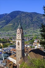 Old town and parish church of the Assumption of the Virgin Mary from the Tappeinerweg, Merano,