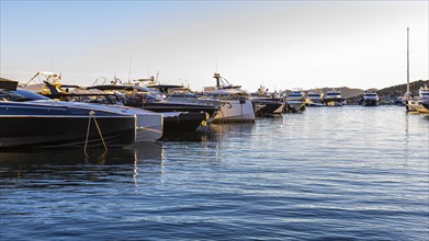 Luxury yachts in the harbour of Eivissa, Ibiza Town, Ibiza, Balearic Islands, Mediterranean, Spain,