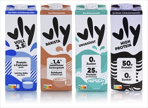 Vly vegan pea milk Milk substitute different flavours coloured against a white background