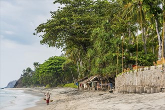 Trader at Mangsit beach in Sengiggi, seller, man, palm beach, travel, tourism, sea, beach, water,