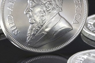 Close-up of Krugerrand silver coins