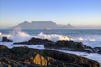 From Bloubergstrand to the silhouette of Cape Town, Cape Town, with Table Mountain, Cape Town,