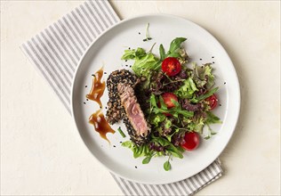 Vegetable salad, with fried tuna, in sesame seeds, healthy food, top view