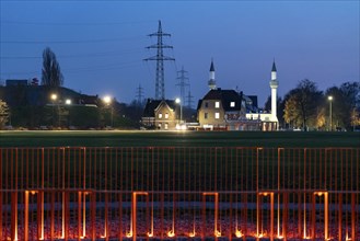 The herringen yeni ulu mosque, Lippepark, Franz Shaft, meadow with light installation, on the site