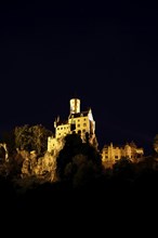 Lichtenstein Castle, night shot, artificial light, fairytale castle of Württemberg, illuminated,