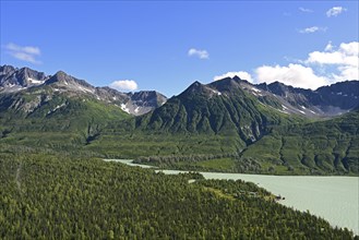 Crescent Lake outlet with Redoubt Mountain Lodge, Lake Clark National Park, Alaska