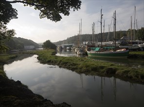 Boats on the Helford River in boatyard at Gweek, Cornwall, England, United Kingdom, Europe