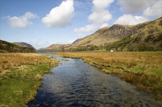 Warnscale Beck stream flowing into Lake Buttermere, Gatesgarth, Lake District national park,