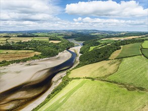 River Emme and Red Cove from a drone, Mothecombe, Plymouth, South Devon, England, United Kingdom,