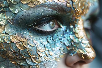 Woman's beautiful mermaid Halloween costume makeup with fish scales. Generative AI, AI generated