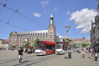 Historic main post office built in 1882 and tram stop, tram, tracks, pedestrian, pedestrian zone,