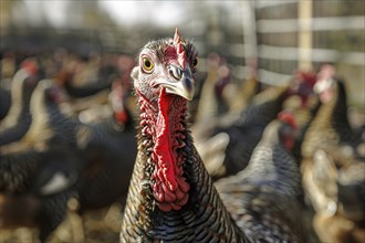 Close up of turkey bird on farm. Generative AI, AI generated