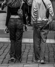 Black and white photography, young couple in jeans, Berlin, Germany, Europe