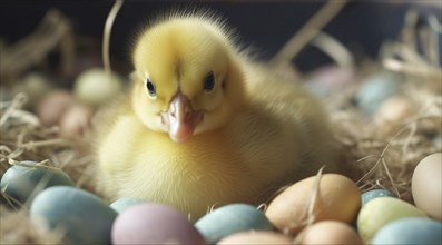 Cute newborn chick next to colorful easter eggs, generative AI, AI generated