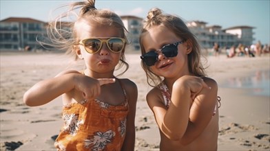 Two young girlfriends posing wearing sunglasses having fun on the beach, generatvie AI, AI