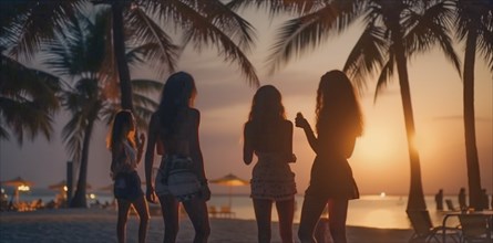 Young adult friends with tropical drinks enjoy the sunset on their vacation, generatvie AI, AI