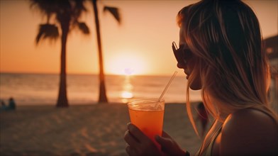 Young adult girl with tropical drink enjoys the sunset on her vacation, generatvie AI, AI generated