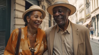 Happy elderly african american couple enjoying a walk along the european streets during thier