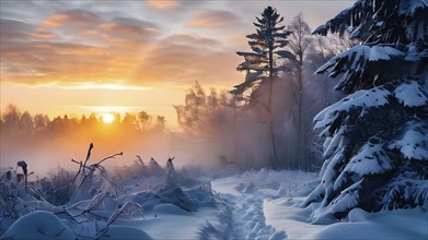 Fog covered forest in winter with snow covered trees and a mystic golden sunlight, AI generated