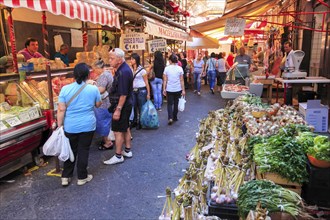 Fruit, vegetables, cheese and meat at the historic market in Catania, Sicily, Italy, Europe