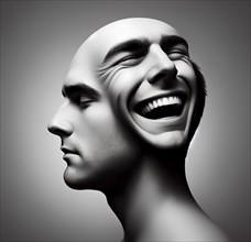 Split personality, a young man with two faces, one laughing and one serious, symbolic image Janus