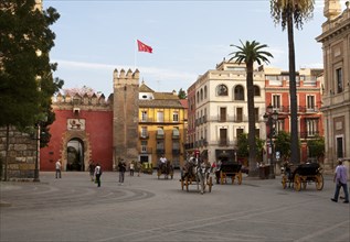 Horse and carriage rides for tourists through the historic central areas of Seville, Spain, Europe