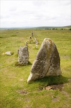 Avenue of standing stones at Merrivale ceremonial complex Dartmoor national park, Devon, England,