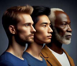 Three men of different ethnicities, a European, an Asian and an African in portrait, AI generated,