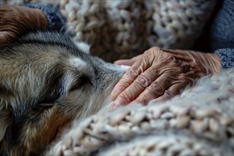 Close up of old senior person's hand with dog. KI generiert, generiert, AI generated