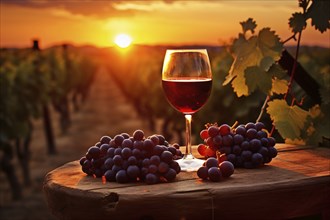 Glass of red wine with grapes on wooden table and vibeyard in beautiful sunset setting in