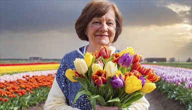 A middle-aged woman with a bouquet of colourful tulips stands against a cloudy sky above fields of