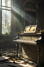 Weathered piano in deserted mansion, AI generated