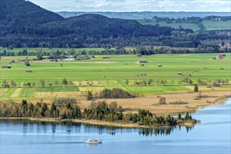 View of the Lake Kochel with passenger ship Herzogstand, calm water, Loisach-Lake Kochel-Moor with