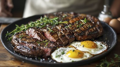 Man eating A plate filled with steak and eggs. generative AI, AI generated