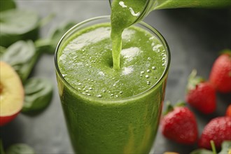 Close up of green healthy smoothie drink being pured into a glass. Generative Ai, AI generated