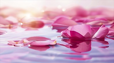 A close up of red rose petals floating in the water. Sense of serenity an spiritual meditation, AI