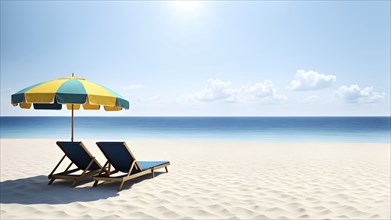 Three dimensional render of deck chair and beach umbrellas on deserted beach in summer, AI