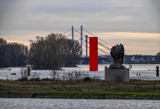 Flood on the Rhine near Duisburg, Rhine bridge Neuenkamp, old and new construction, landmark Rhine