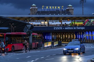 The main railway station in Essen, Europaplatz, at the Freiheit, Handelshof building with Essen