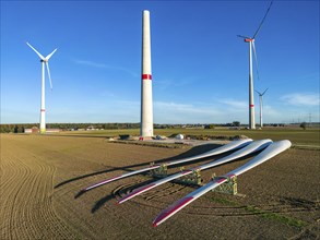 Wind farm near Bad Wünnenberg, construction site, storage area for a new wind turbine, components