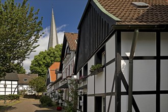 The old town centre with half-timbered houses and the church tower of Sankt Viktor, Schwerte, Ruhr