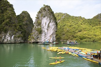 Yellow kayaks at a jetty and the karst rocks in Lan Ha Bay, Halong Bay, Vietnam, Asia