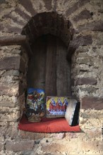 Amhara region, near Gondar, Gonder, prayer niche, votive tablets, holy images at the church of