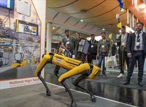 First day at Hannover Messe 2022, industrial trade fair, after a 2-year corona break, robot dog