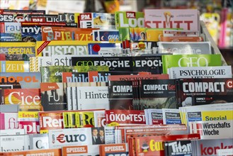 Magazine kiosk with Compact magazines. Compact is a far-right political monthly magazine in Germany