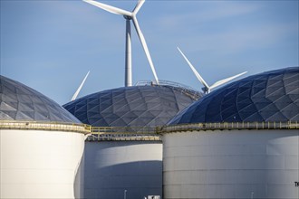 Vopak tank terminal in the industrial harbour of Eemshaven, wind farm, Groningen, Netherlands